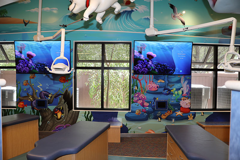 TVs above every treatment window playing underwater video in the Naples office