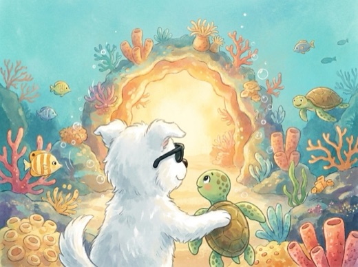 Shades with a paw around little Pip the sea turtle, both looking toward a bright glowing archway