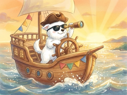 Captain Shades at the wheel of a cheerful little ship at sunset, spyglass raised