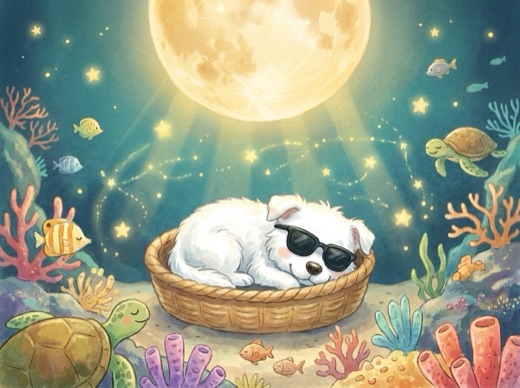 Shades curled sleepy in his basket under a big moon over calm water, stars beginning to show
