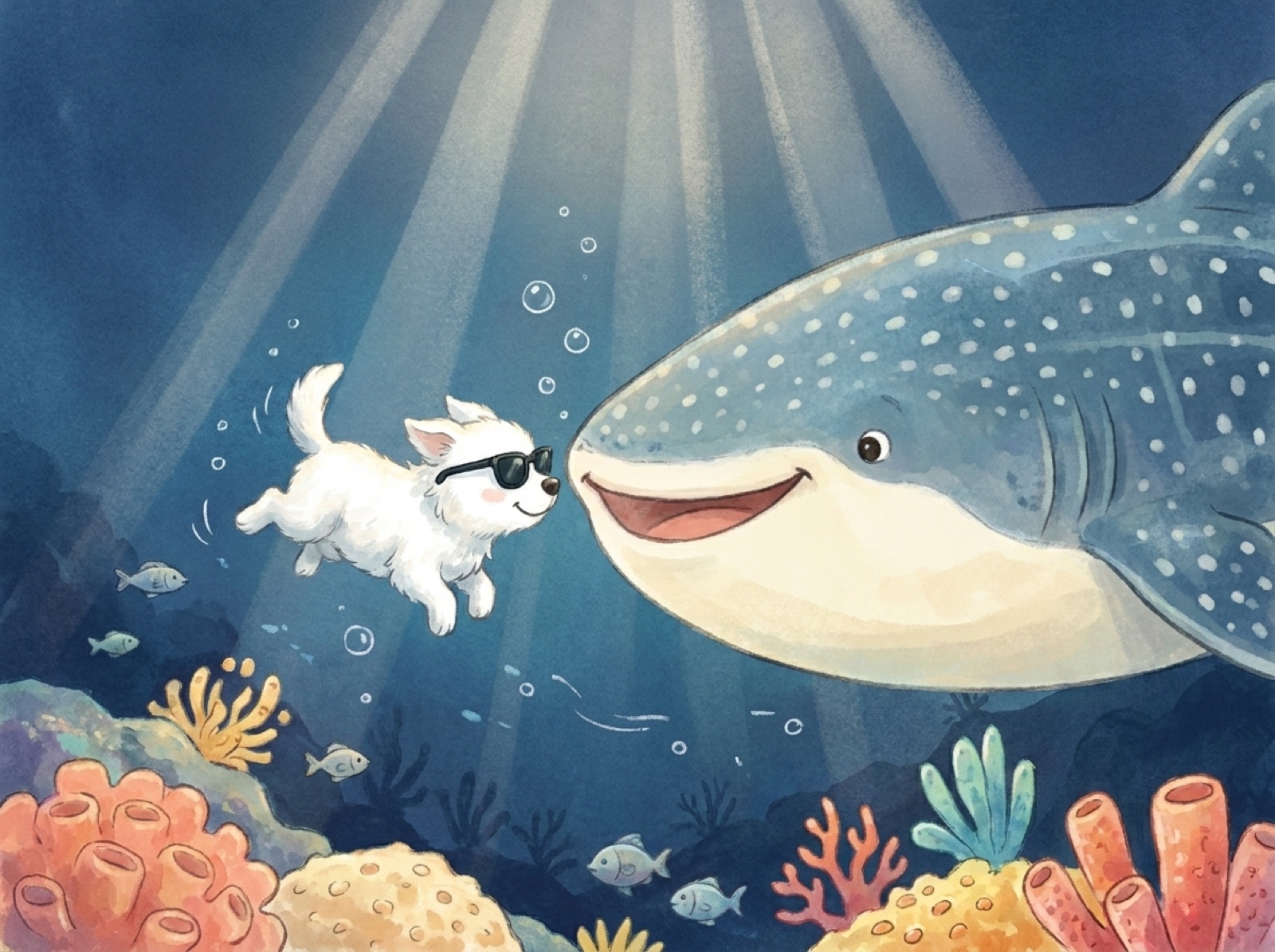Shades floating nose to nose with a huge gentle whale shark in moonlit water