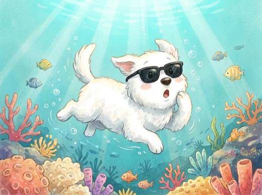 Shades the white puppy in black sunglasses touching his cheek with one paw and smiling a surprised smile, surrounded by coral and bubbles