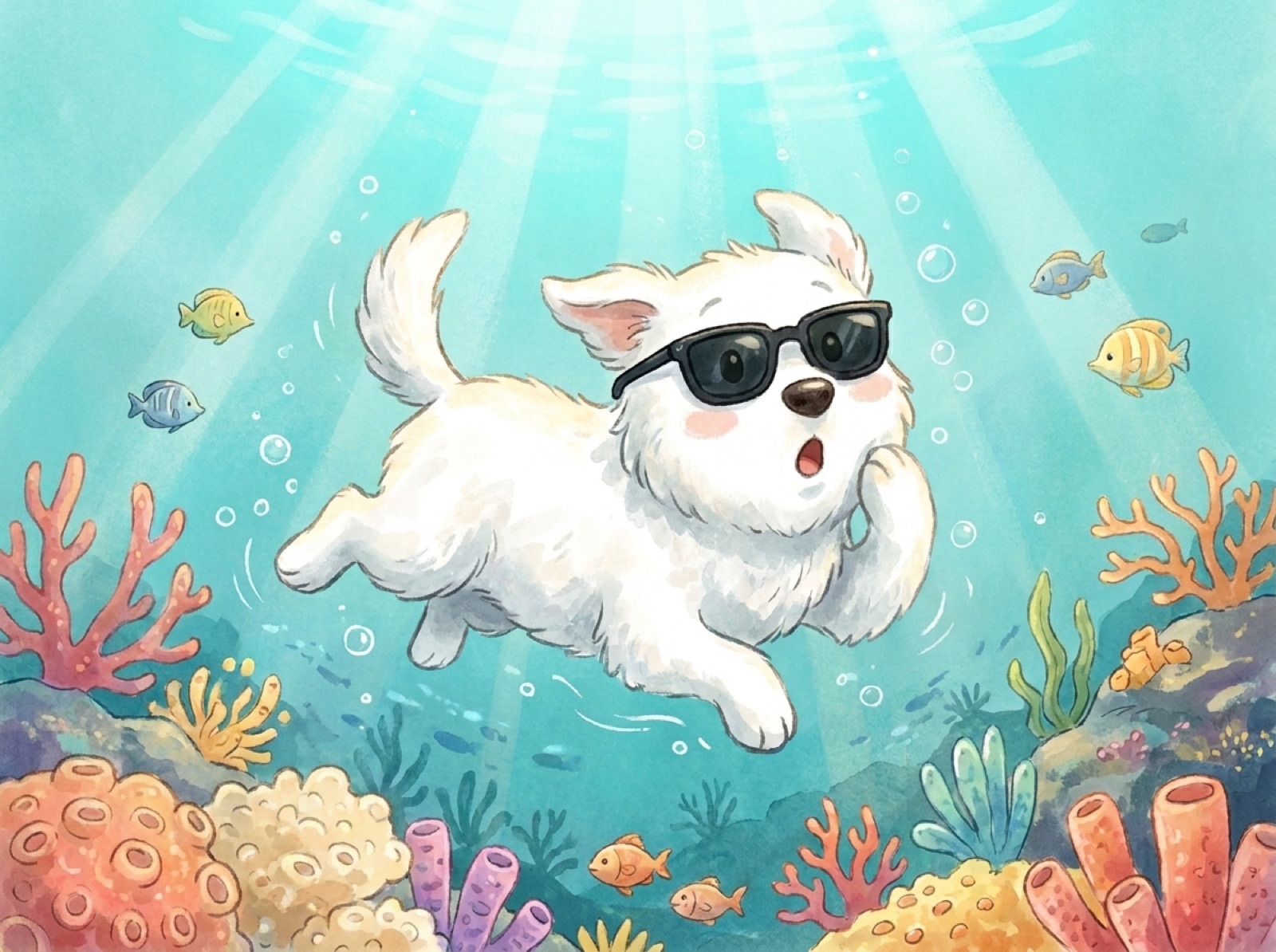 Shades the white puppy in black sunglasses touching his cheek with one paw and smiling a surprised smile, surrounded by coral and bubbles